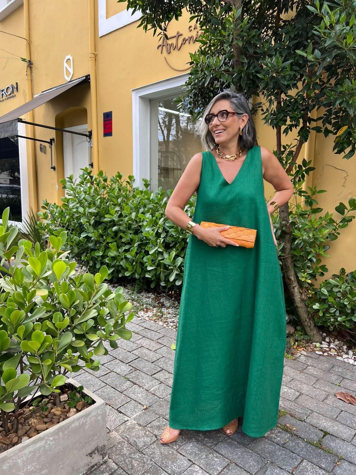 Vestido Paula Linho Verde Esmeralda EZILDINHA