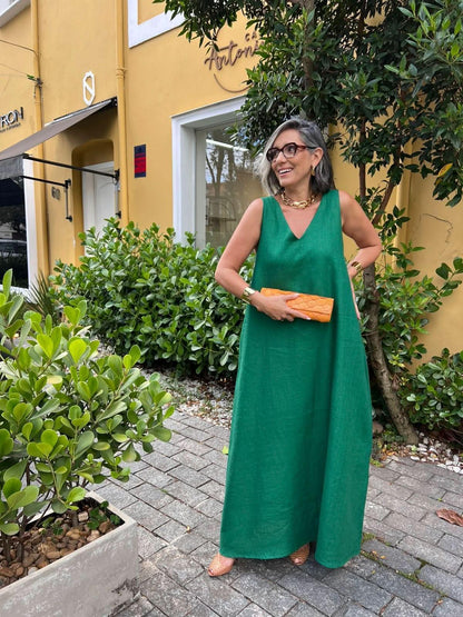 Vestido Paula Linho Verde Esmeralda EZILDINHA