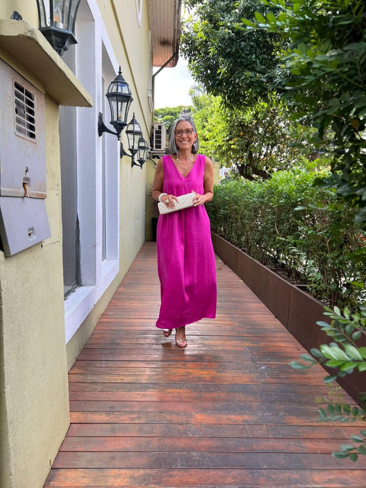 Vestido Pregas Linho Fúcsia EZILDINHA