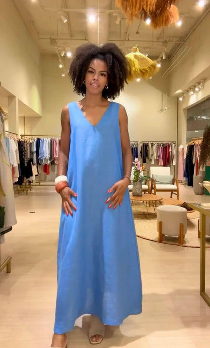Vestido Paula Linho Azul EZILDINHA