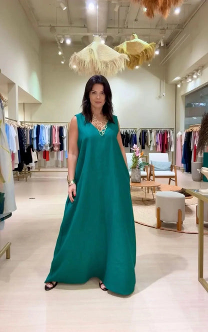 Vestido Paula Linho Verde Esmeralda EZILDINHA